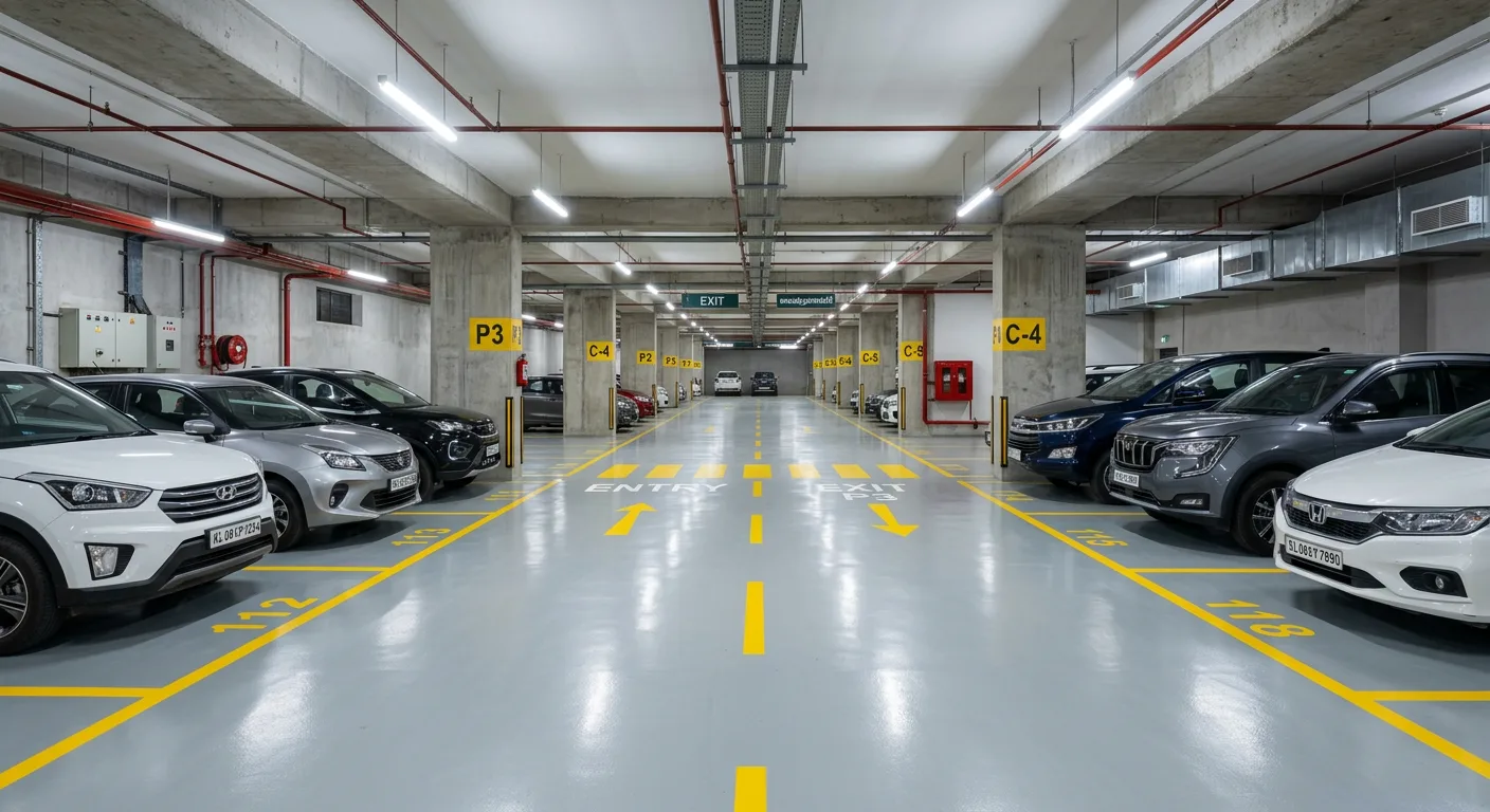 Apartment basement parking with epoxy floor and line markings in Ollur, Thrissur