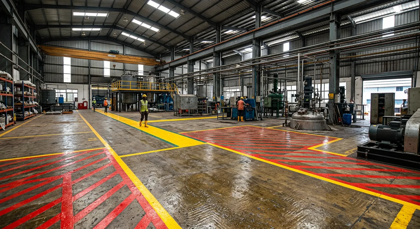 Industrial epoxy factory shop floor with safety zone markings at Kunnamkulam