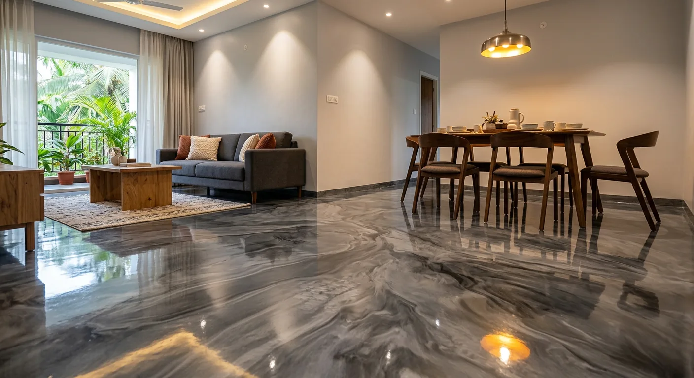 Pearl grey metallic epoxy floor in a Patturaikkal home living room