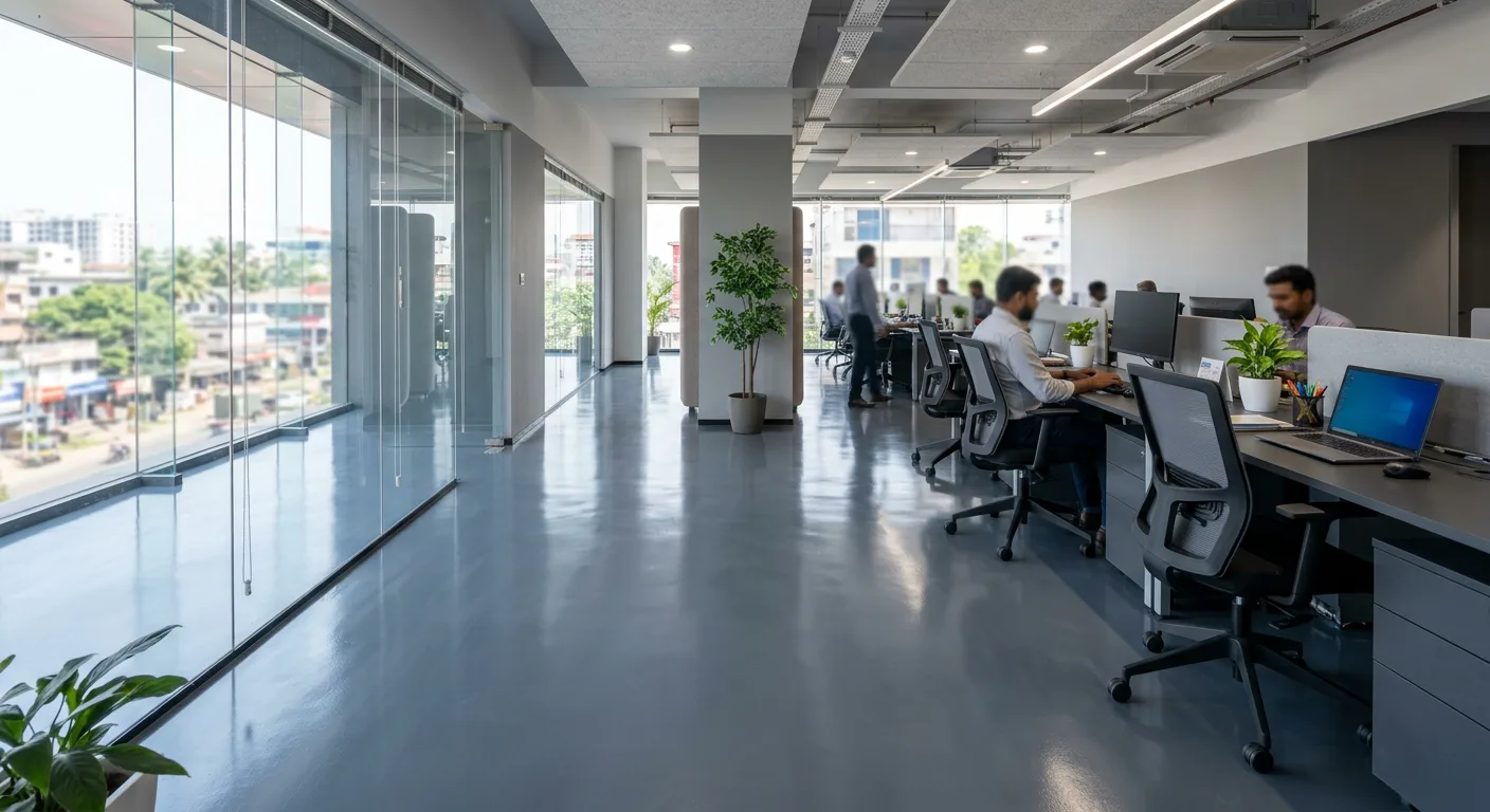 Slate grey epoxy office floor with logo inlay at East Fort, Thrissur