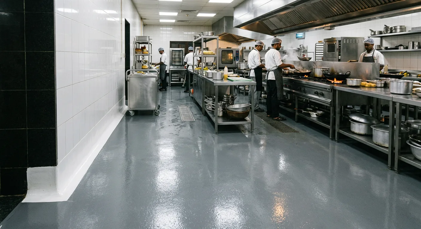 Commercial kitchen food grade epoxy floor with coved skirting in Guruvayur