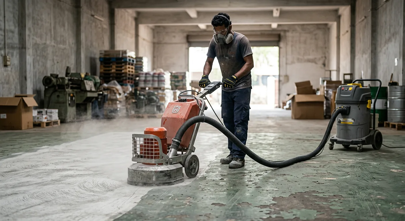 Diamond grinding of an old epoxy floor in a Thrissur warehouse before recoating