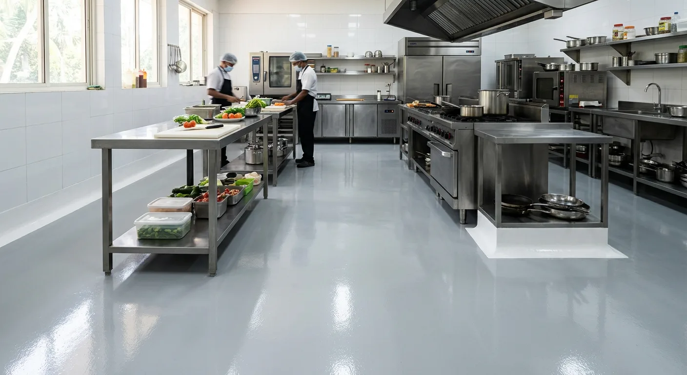 Food grade epoxy floor with coved skirting in a Thrissur commercial kitchen