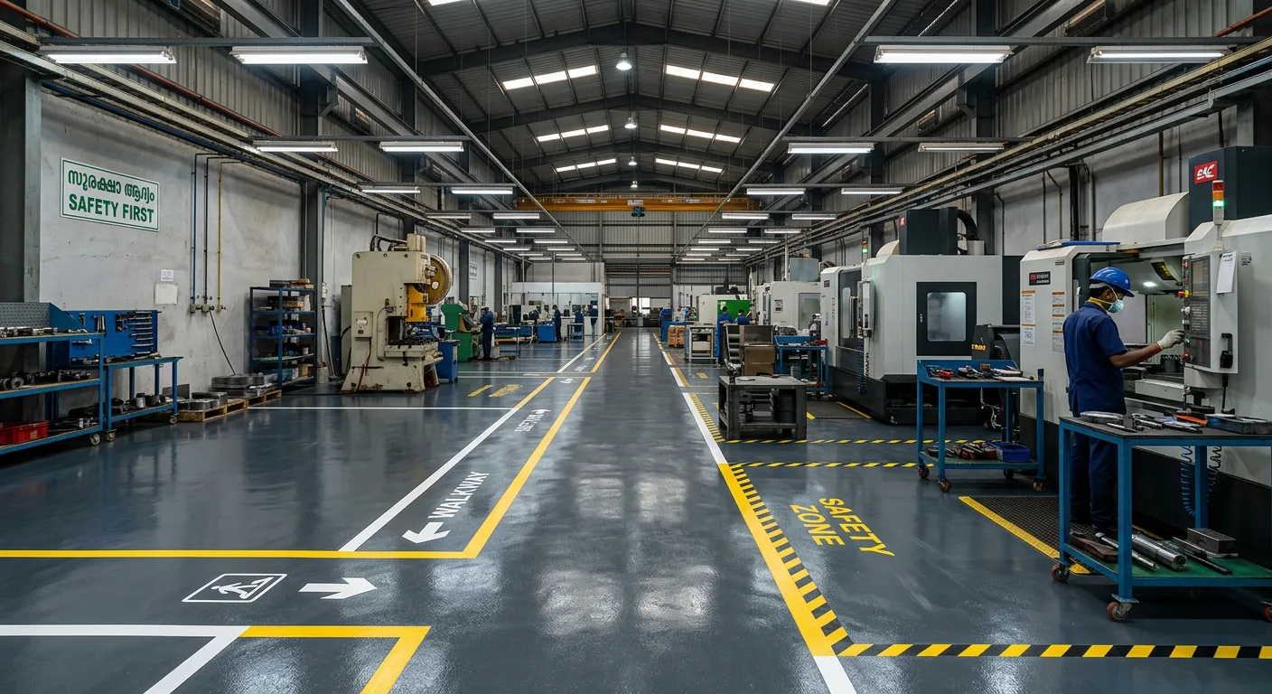Industrial epoxy floor in a Thrissur factory shop floor